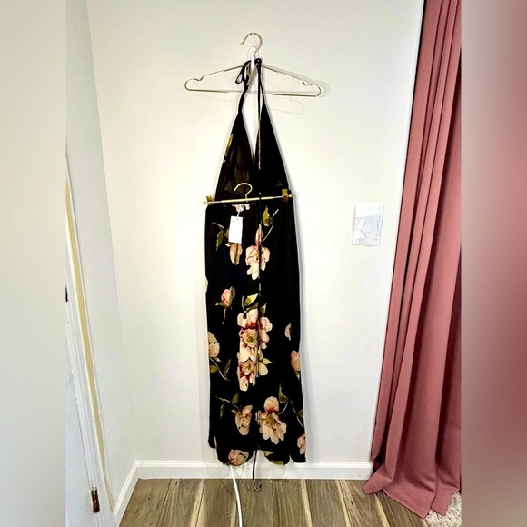 Boho Floral Halter Maxi Dress Small Black Pink Tie Back Lightweight Vacation - Picture 8 of 12